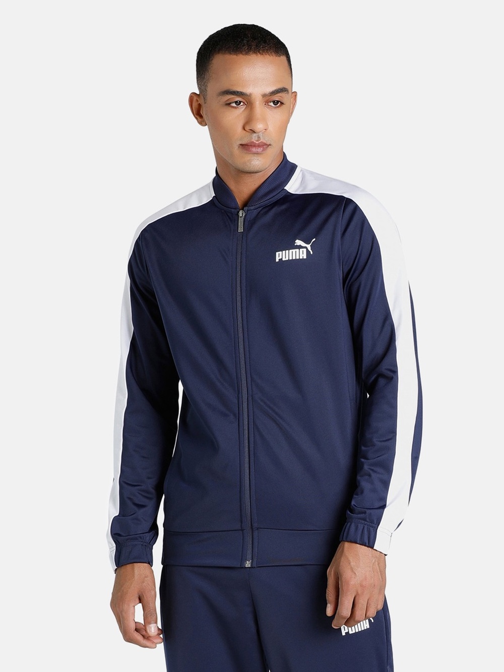 PUMA Men's Baseball Tricot Track Jacket in navy blue ("Peacoat") and white 3X